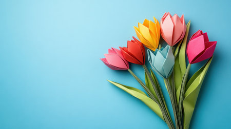 Colorful origami tulip bouquet, artfully crafted to capture the essence of spring, set against a minimalist background for a clean, stylish lookの素材