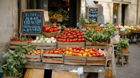 Close-up of red tomatoes on a rustic market stall, surrounded by fresh farm produce, creating a natural and wholesome vibe for organic food contentの素材