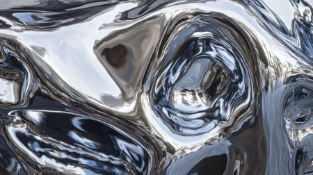 Close-up of molten chrome with a Y2K metallic finish, creating a glossy, reflective surface, ideal for futuristic or industrial design visualsの素材
