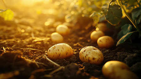 Close-up of freshly harvested potatoes resting on soil at sunset, with warm golden light highlighting the beauty of farm produceの素材