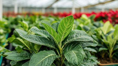 Close-up of lush green tropical plant in a vibrant greenhouse, with a backdrop of exotic, colorful foliage adding depth to the sceneの素材