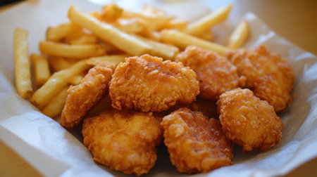 Crispy chicken nuggets and fries laid out on a paper liner, perfect for highlighting a casual and delicious fast-food mealの素材