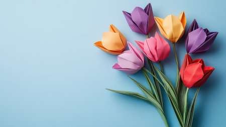 Colorful origami tulip bouquet, artfully crafted to capture the essence of spring, set against a minimalist background for a clean, stylish lookの素材