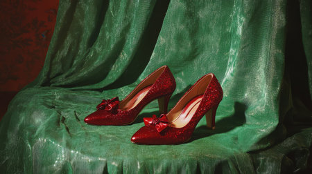 Elegant ruby slippers displayed on an emerald green backdrop, symbolizing fashion and fantasy.の素材