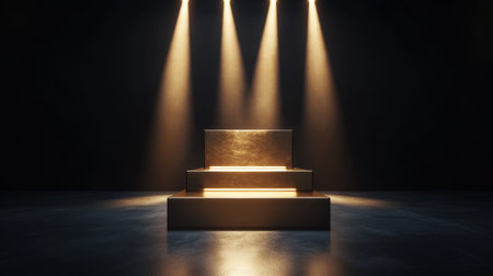 First-place gold podium shining under spotlights, set against a dark background, representing victory, honor, and successの素材
