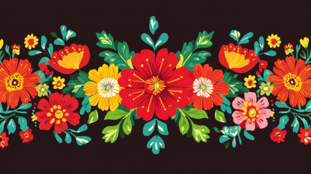 Dynamic floral designs in a bold Hispanic Heritage Month wallpaper, highlighting cultural vibrancy, traditional motifs, and festive colors.の素材