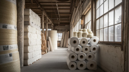 Energy-efficient insulation rolls stacked for installation, promoting warmth and eco-friendly living spaces.の素材