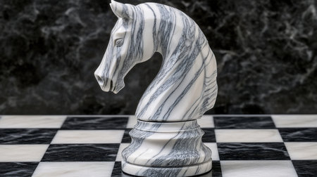 Elegant white marble chess knight piece on a black-and-white chessboard, a symbol of intellect and competition.の素材