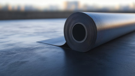 EPDM material roll on a flat modern roof, showcasing innovative roofing techniques in contemporary construction for durability and weather resistance.の素材