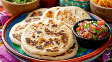 Delicious Salvadoran pupusas on a vibrant plate, accompanied by curtido and salsa, showcasing traditional flavors.の素材