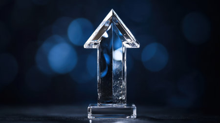 Front view of a beautifully crafted crystal award in an arrow shape, representing success and recognition, with light reflecting off the glass.の素材