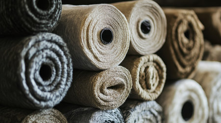 Energy-efficient insulation rolls stacked for installation, promoting warmth and eco-friendly living spaces.の素材