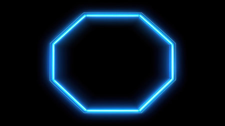 Dynamic neon octagon frame rotating in space, glowing brightly against a dark, simple background, creating a futuristic and eye-catching visualの素材