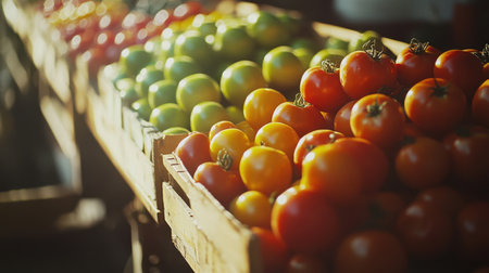 Fresh, ripe tomatoes stacked neatly on a market stall, glowing in natural sunlight, ideal for showcasing organic, farm-fresh produceの素材