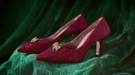 Elegant ruby slippers displayed on an emerald green backdrop, symbolizing fashion and fantasy.の素材