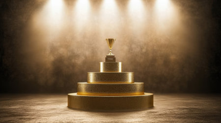 Gold podium shining brightly under spotlights on a dark background, representing success, achievement, and the pinnacle of victoryの素材