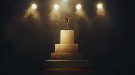 Gold podium shining brightly under spotlights on a dark background, representing success, achievement, and the pinnacle of victoryの素材