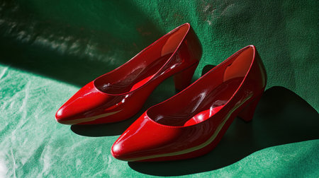 Glossy ruby slippers set against an emerald green backdrop, creating a vibrant, eye-catching contrast.の素材