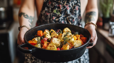 Healthy vegetable stew in a pot, with vibrant colors and tasty ingredients, showcasing French cuisine and wholesome vegetarian cookingの素材