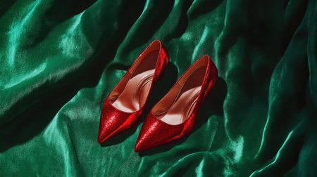 Glossy ruby slippers set against an emerald green backdrop, creating a vibrant, eye-catching contrast.の素材
