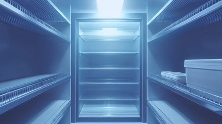 Interior of a modern commercial walk-in refrigerator with metal shelves, designed for efficient food storage in restaurants or large kitchens.の素材