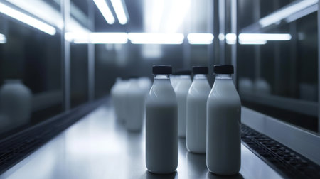 Milk or yogurt being filled into bottles on a conveyor belt in a dairy plant, capturing the efficiency and cleanliness of the production processの素材