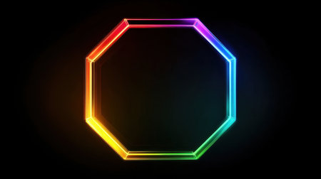 Rotating neon octagon frame on a dark backdrop, emitting vibrant, pulsing light, ideal for modern and energetic designsの素材