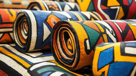 Traditional Ndebele art expressed in South African textiles, showcasing vivid patterns and geometric designs full of cultural significance.の素材