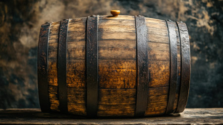 Rustic wooden barrel with iron bands, isolated on a neutral background, perfect for retro, vintage, and old-fashioned storage themesの素材
