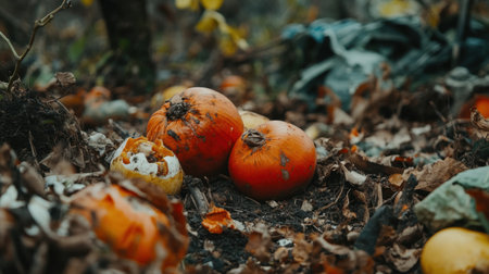 Rotten fruits and vegetables discarded on a farm, showing the decaying produce with visible signs of spoilage and waste, highlighting food lossの素材
