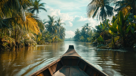 Scenic river boat journey through lush, green surroundings, with muddy water and a bright sky filled with soft cloudsの素材