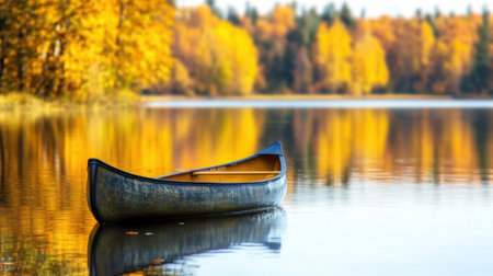 Serene autumn scene with a canoe on a calm lake, surrounded by vibrant fall foliage reflecting in the still water, a peaceful and colorful landscape.の素材