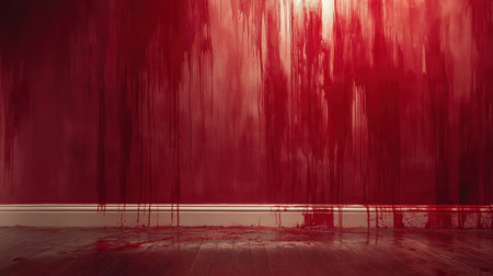Red horror wall with blood splatter patterns and ominous scratches, set in a terrifying atmosphere.の素材