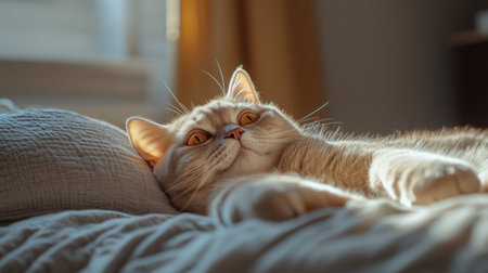 Red-haired Scottish fold cat lying lazily on a cozy bed, its bright yellow eyes peeking with curiosity, ideal for home and pet-related contentの素材