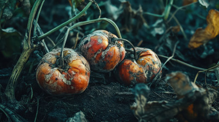 Rotten fruits and vegetables discarded on a farm, showing the decaying produce with visible signs of spoilage and waste, highlighting food lossの素材
