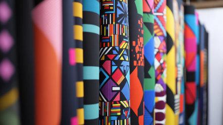 South African textile featuring bold, bright Ndebele patterns, reflecting rich cultural traditions in vibrant, geometric forms.の素材