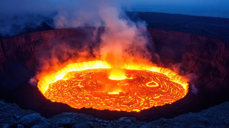 Top-down view of a volcanic eruption, showcasing fiery magma flowing from the crater in a dynamic and powerful display of nature's furyの素材