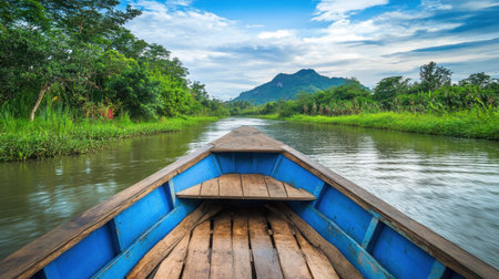 Scenic river boat journey through lush, green surroundings, with muddy water and a bright sky filled with soft cloudsの素材