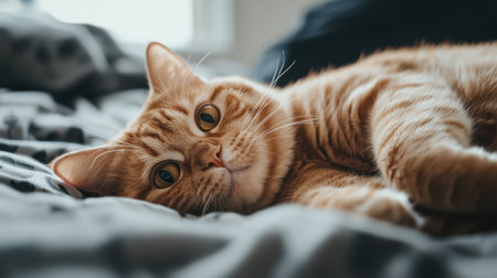 Red-haired Scottish fold cat lying lazily on a cozy bed, its bright yellow eyes peeking with curiosity, ideal for home and pet-related contentの素材