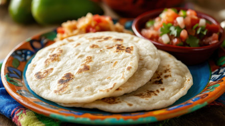 Traditional Salvadoran pupusas served on a colorful plate with curtido and tomato salsa, a vibrant display of culture.の素材