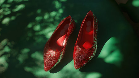 Shiny ruby slippers glimmering against a bold emerald green background, evoking a glamorous and magical vibe.の素材