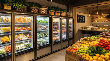 Spacious walk-in commercial refrigerator featuring metal shelving for organized food storage, essential for a busy restaurant kitchen.の素材
