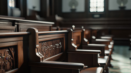 Traditional wooden courtroom benches and the judge's seat, unoccupied in a serene legal settingの素材