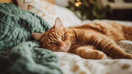 Red-haired Scottish fold cat lying lazily on a cozy bed, its bright yellow eyes peeking with curiosity, ideal for home and pet-related contentの素材