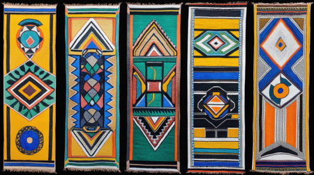 Traditional Ndebele art expressed in South African textiles, showcasing vivid patterns and geometric designs full of cultural significance.の素材