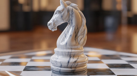 White marble knight chess piece on a game board, poised for strategic moves in a match.の素材