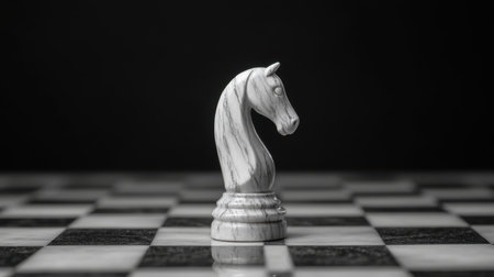 White marble knight chess piece on a game board, poised for strategic moves in a match.の素材