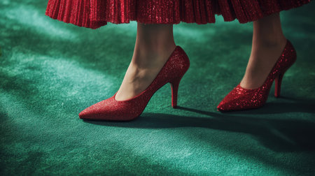 Shiny ruby slippers glimmering against a bold emerald green background, evoking a glamorous and magical vibe.の素材