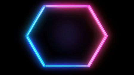Rotating neon octagon frame on a dark backdrop, emitting vibrant, pulsing light, ideal for modern and energetic designsの素材