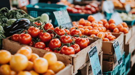 Vivid red tomatoes on display at a farmers market, capturing the essence of organic and fresh farm produce ready for purchaseの素材